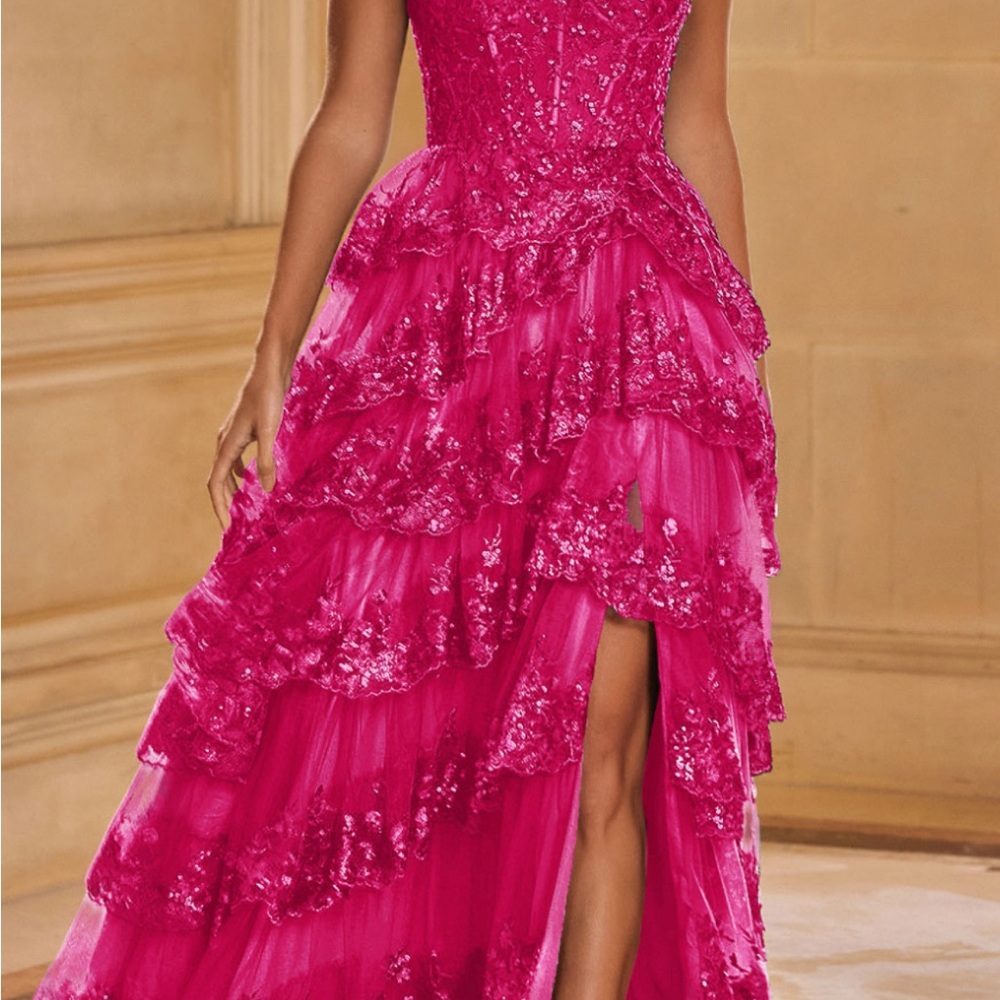 Pink Ruffled Sweetheart High Low Gown